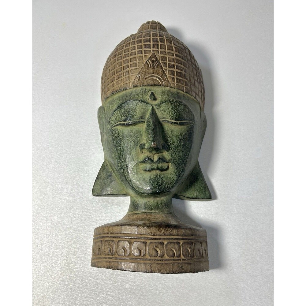 Vintage Hand Carved Buddha Head Statue Wood, Green Distressed Look Indonesia